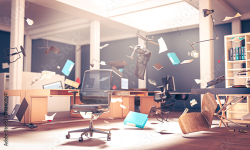 Fotografi Office furniture and papers flying representing business chaos 3d