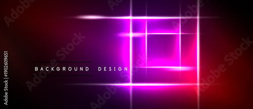 Abstract neon lights form rectangles over dark gradient background. Modern design element for digital projects. Vivid colors create dynamic visual effect.