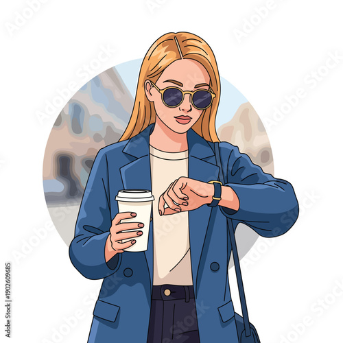 Young woman checking time on smartwatch while holding coffee cup, outdoors, illustration, graphic design concept