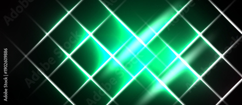 Dark background features bright green lines forming diamond pattern. Intense light radiates from center creating visual effect.