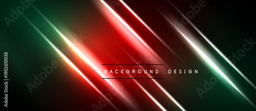 Abstract dynamic lines, vibrant red, green hues. Bright streaks cross dark background. Modern design element, sleek presentation.