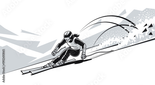 Downhill skier in motion on snowy mountain slope illustration