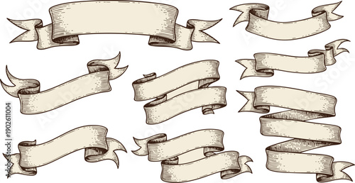 Set of 9 Hand-Drawn Vintage Paper Banners and Ribbons Vector Illustration