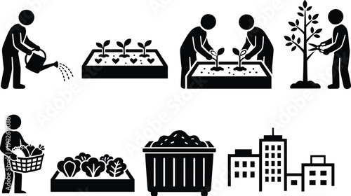 People gardening and recycling in urban environment