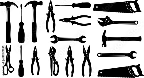 Set of 20 Black Silhouette Hand Tools Vector Icons