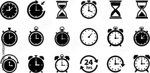 Set of 18 Black Time and Clock Vector Icons