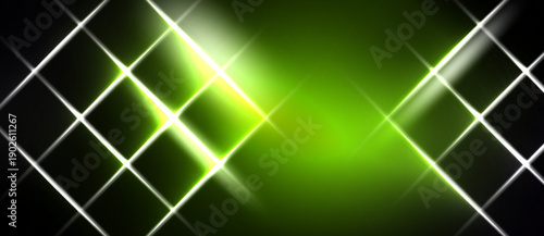 Bright green light shines through grid pattern. Dark background creates contrast, emphasizing luminous lines, geometric shapes.