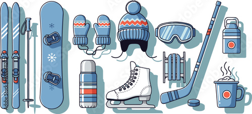 Winter sports equipment and icons set on light blue background