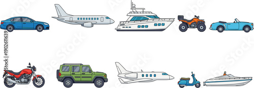 Premium Transportation Vector Set Featuring Luxury Yachts, Private Jets, Modern Sports Cars, Motorbikes, and Recreational Vehicles for High End Travel and Lifestyle Designs