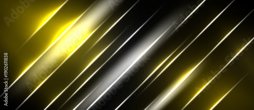 Abstract design features diagonal lines, bright yellow glow, dark background. Metallic shades create dynamic visual effect. Modern, sleek presentation.