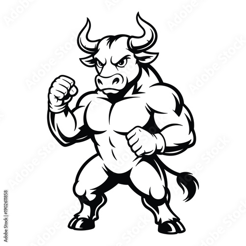 Aggressive muscular bull mascot in a fighting stance ready to charge forward with determination
