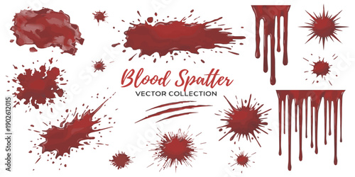 Realistic collection of red blood splatters, drips, and stains for horror or medical design elements