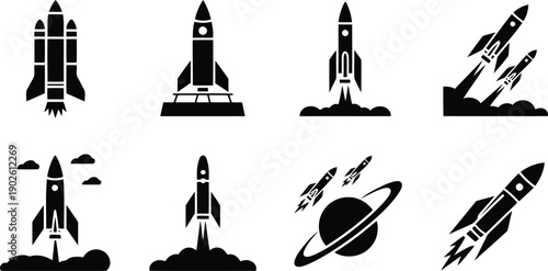 A collection of black icons illustrating different rockets, space shuttles, and planetary orbits