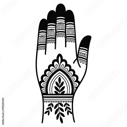 Black and white illustration of a henna decorated hand with intricate floral patterns on a transparent background