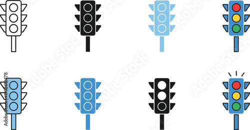 Traffic Light Icon Collection with Colorful Signal Lamps and Outline Symbols for Road Safety, Urban Infrastructure, Transportation Regulation, and Navigation Interface Design