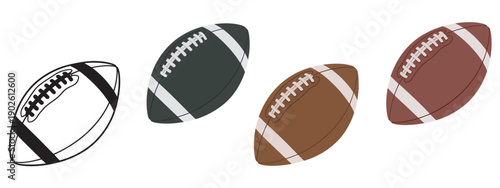 American football gridiron ball set, realistic sports equipment, isolated on white background, textured leather footballs in multiple angles, training and game concept