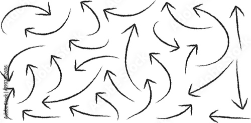 A complex pattern of hand drawn arrows in various directions and sizes on a plain white background with no discernible order or symmetry