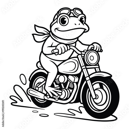 Cartoon amphibian character wearing goggles and scarf riding a classic motorcycle with motion lines
