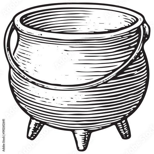 Vintage Tripod Cooking Pot Doodle Engraving Retro Rustic Cauldron Hand Drawn Kitchen Line Art Illustration