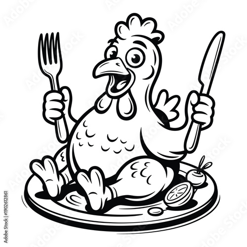 Cartoon chicken character sitting on a plate holding a fork and knife ready to eat