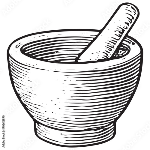 Vintage Mortar and Pestle Doodle Engraving Retro Herb Grinder Hand Drawn Kitchen Line Art Illustration