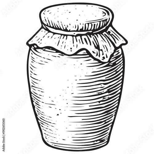 Vintage Jam Jar Cloth Lid Doodle Engraving Retro Preserve Bottle Hand Drawn Kitchen Line Art