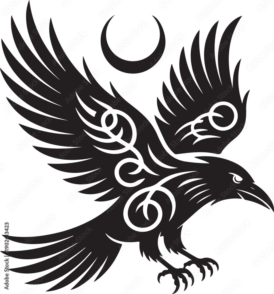 Obraz premium Black and white stylized bird with outstretched wings and a crescent moon above its head