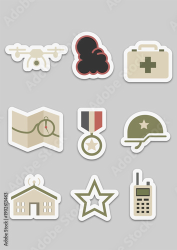 Military and Army Icon Set - Professional Flat Vector Illustrations on Gray Background