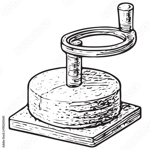 Vintage Cheese Press Doodle Engraving Retro Dairy Tool Hand Drawn Rustic Kitchen Line Art Illustration