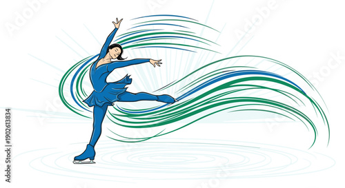 Professional figure skater in blue dress with abstract motion trails