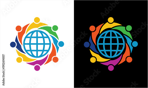 Global community network logo with diverse people surrounding a globe.