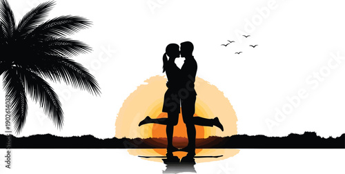 Romantic couple kissing on tropical beach at sunset with palm tree