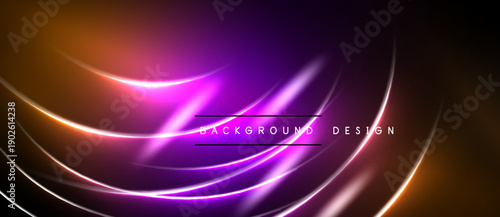 Abstract background features vibrant curves, gradients. Purple, orange hues dominate dark space. Modern design element.