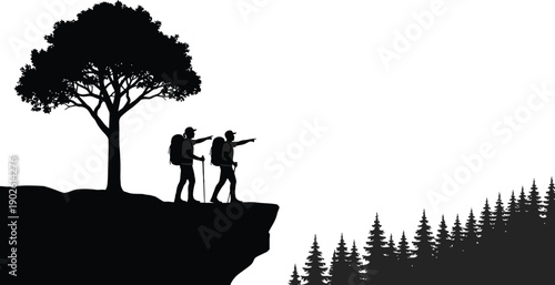 Two hikers exploring scenic forest landscape with stunning tree