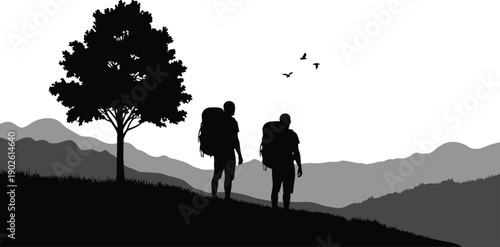 Two hikers walking on mountain trail with tree and birds