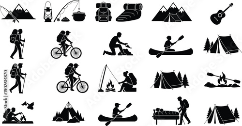 Outdoor adventure icons for camping, hiking, and travel
