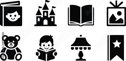 A collection of charming black silhouette icons depicting childhood, reading, and storytelling elements
