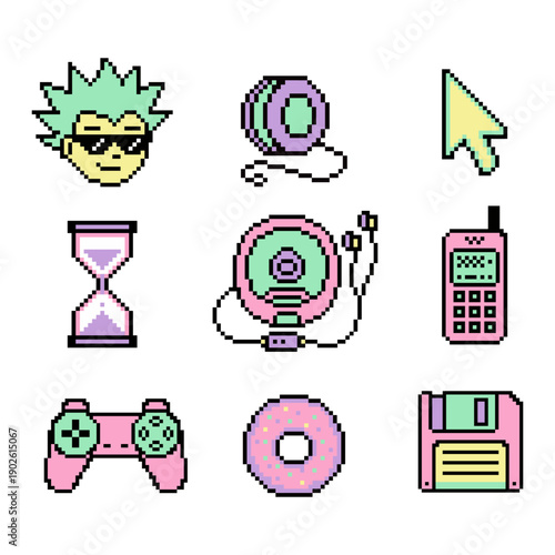 Y2K Pixel Art Tech Icons Set with 2000s Digital Devices