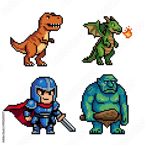 Pixel RPG Characters Set with Dinosaur Dragon Hero and Ogre