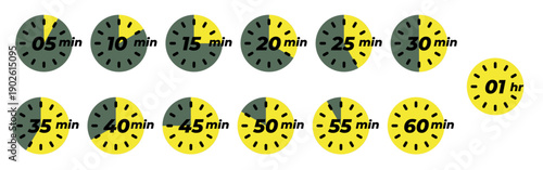 Countdown timer icon set showing intervals from five to sixty minutes and one hour with yellow circular progress indicators for time management or loading states isolated on white background.