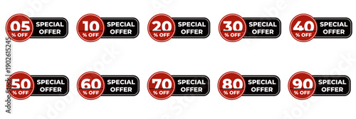 Collection of special offer discount badges featuring red circular icons with black banners showing five to ninety percent off for retail sales promotion and marketing isolated on white background.