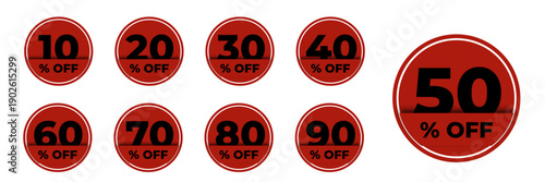 Collection of red circular discount tags featuring bold black numbers from ten to ninety percent off for retail sales promotion and commercial marketing labels isolated on a white background.