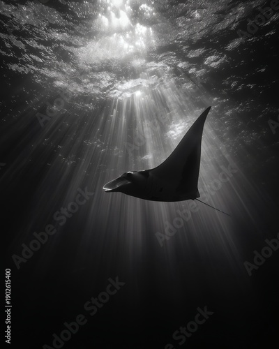 Manta Ray Silhouette Swim in Ocean Sun Rays Black and White Undersea Scene