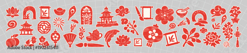 Authentic Hand-Drawn Red Lunar New Year Elements: Cultural Icons & Festive Scribble Doodles for Design