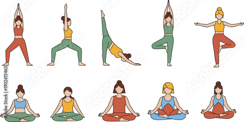 Women Practicing Yoga Poses Collection Including Standing and Seated Meditation Isolated on White Background Vector Illustration