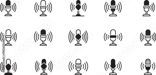 Microphone Broadcast Icon Set – Audio Recording, Podcast, and Voice Communication Symbols.