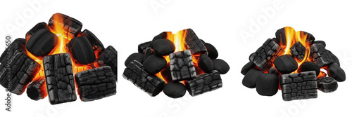 Tableau sur toile Set of burning charcoal briquettes: Collection of glowing hot coals with fire flames isolated on white background for BBQ, grilling, and energy concepts