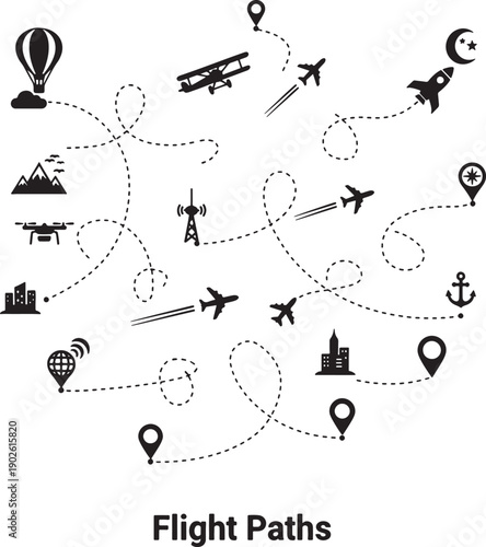 black and white illustration of various flight paths and transportation icons