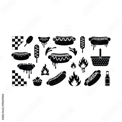 Black hot dog icons with condiments and grill elements on white