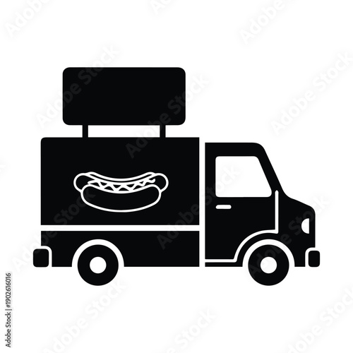Black food truck with hot dog graphic on side panel